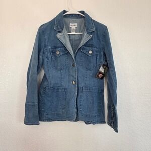 GRAFF WEAR Women Blue Denim Jean Blazer‎ Size S Button Front Pinstripe Lined